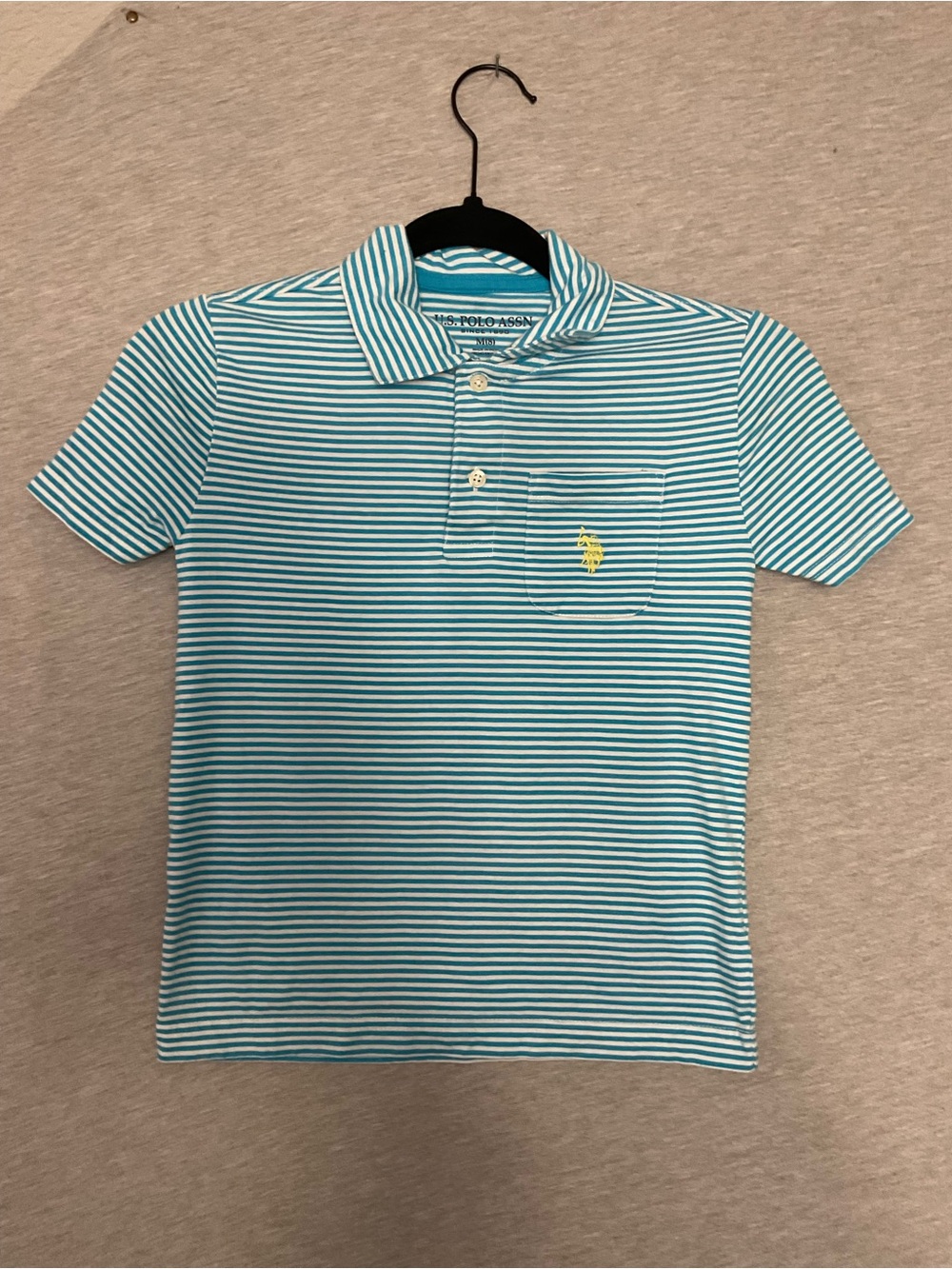 U.S. Polo Assn. Teal and White Striped Polo with Yellow Logo